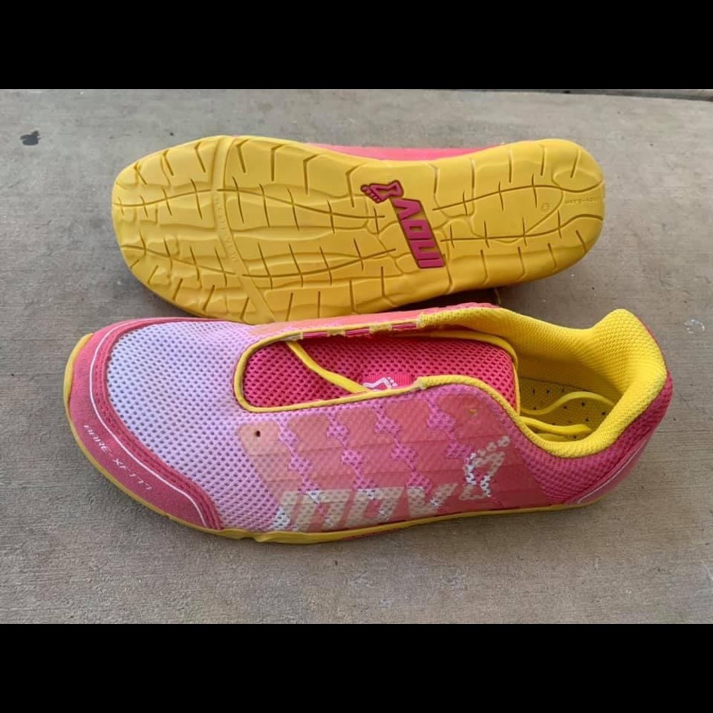 Pink and yellow barefoot inov8 shoes. Worn a few times, laces included.